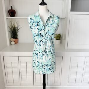 Kenzo Green Blue Tropical Floral Print Denim Mini Dress Size S